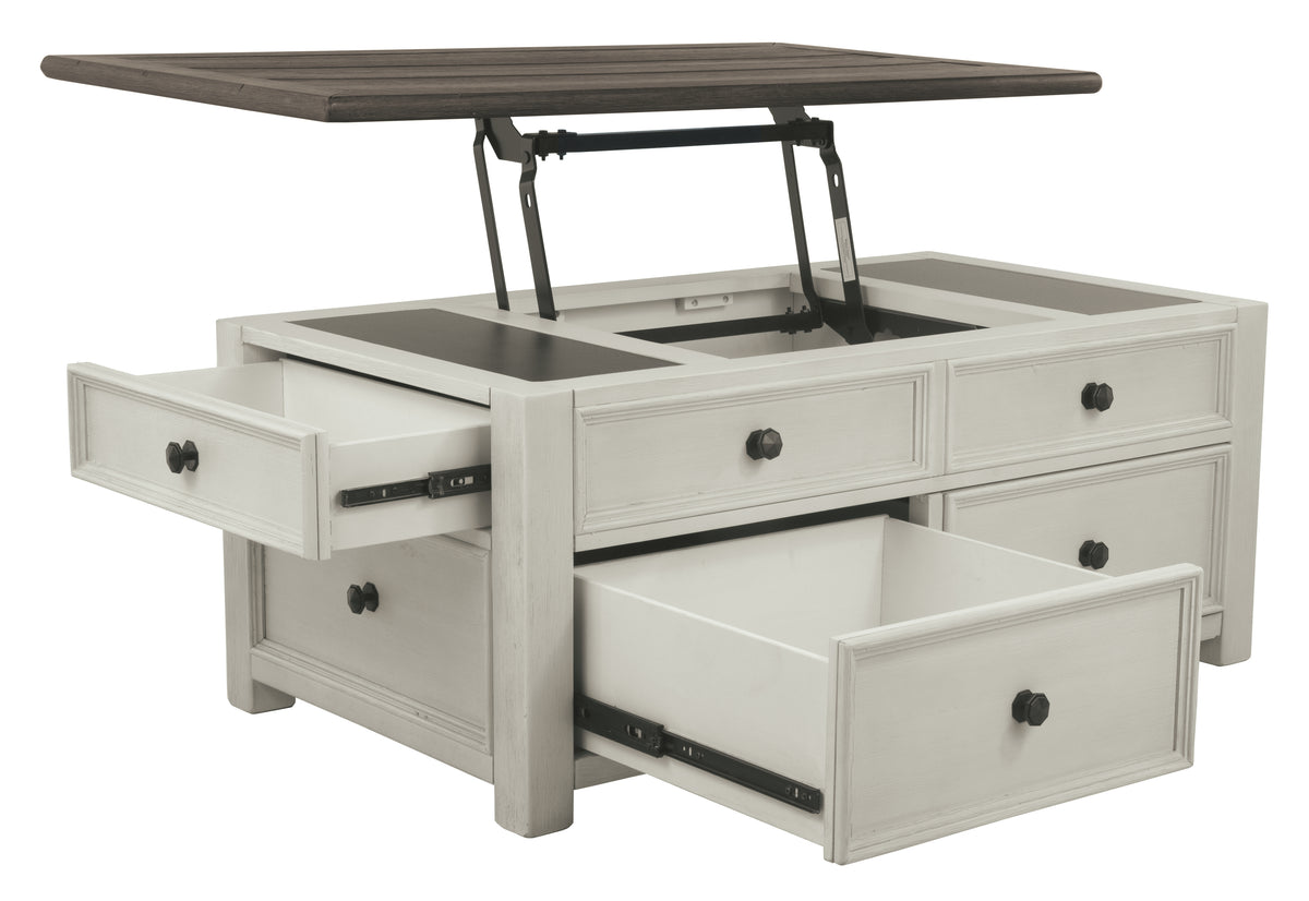 Cocktail Table With Spring Lift Top and Multiple Drawers, Brown and White - BM206155
