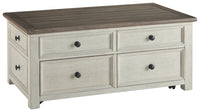 Cocktail Table With Spring Lift Top and Multiple Drawers, Brown and White - BM206155