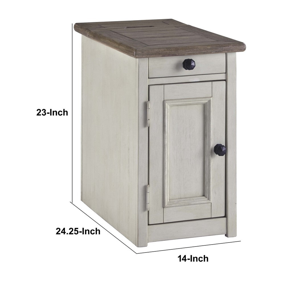 Chair Side End Table with 1 Cabinet and Pull Out Tray, White and Brown - BM206169
