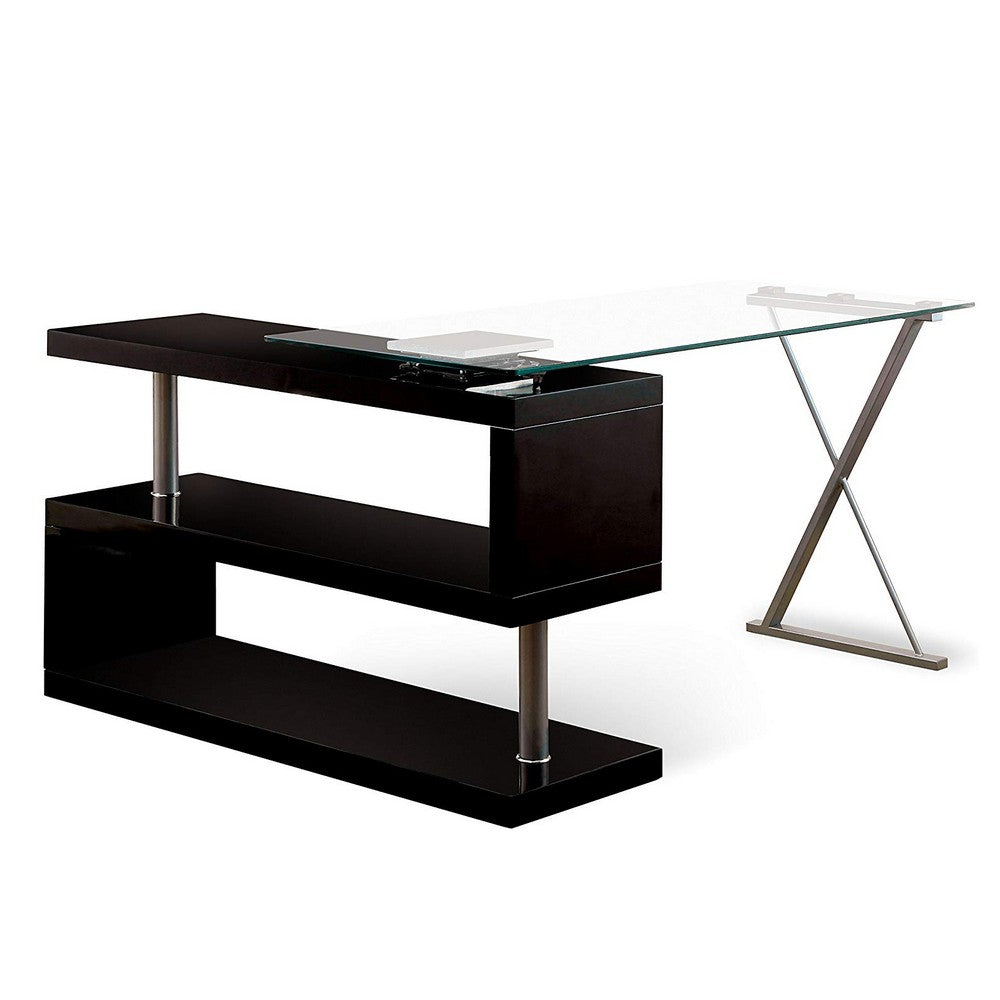 Movable Glass Top Desk with X Shaped Side Panel, Black and Clear - BM206212
