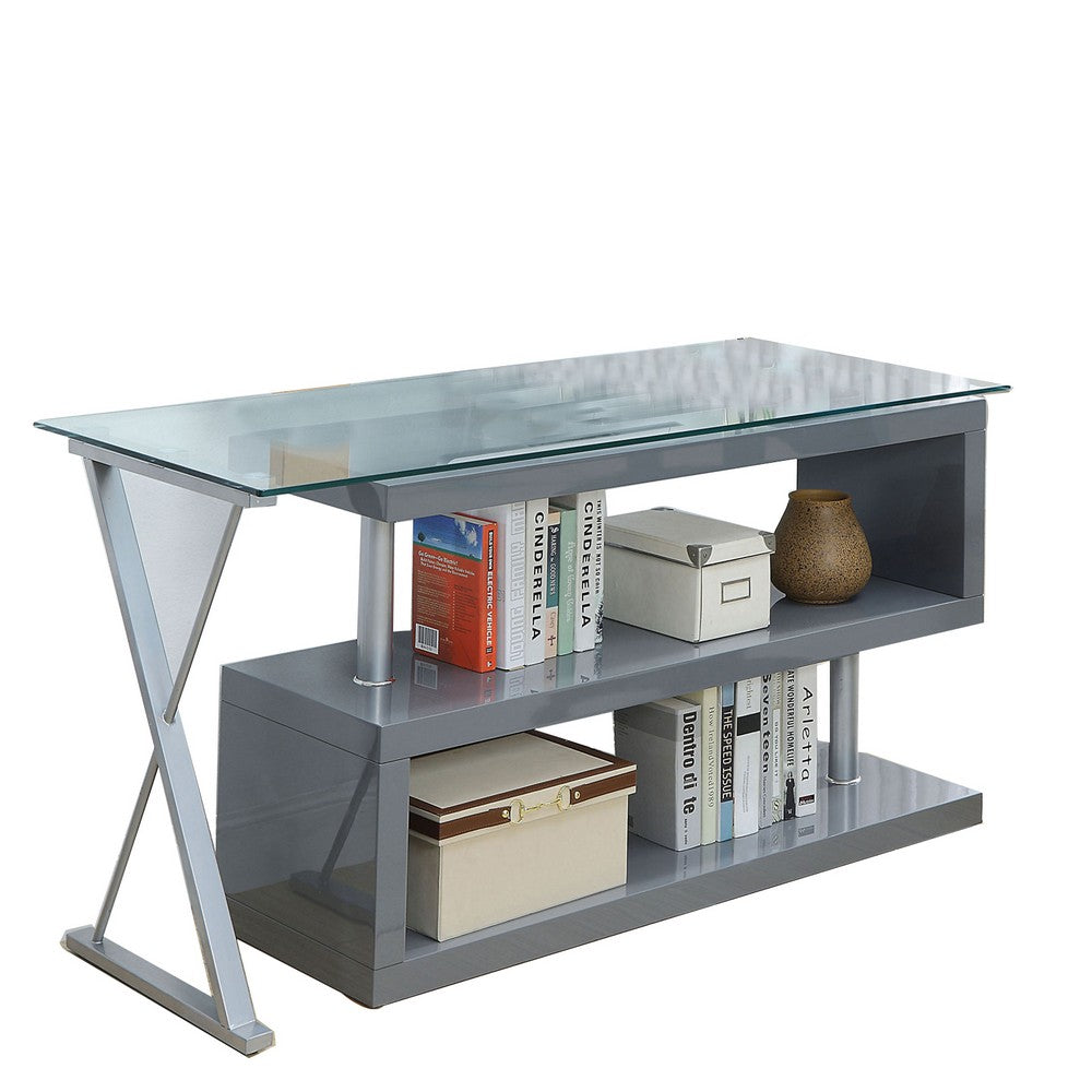 Movable Glass Top Computer Desk with X Shaped Side Panel, Gray and Clear - BM206213