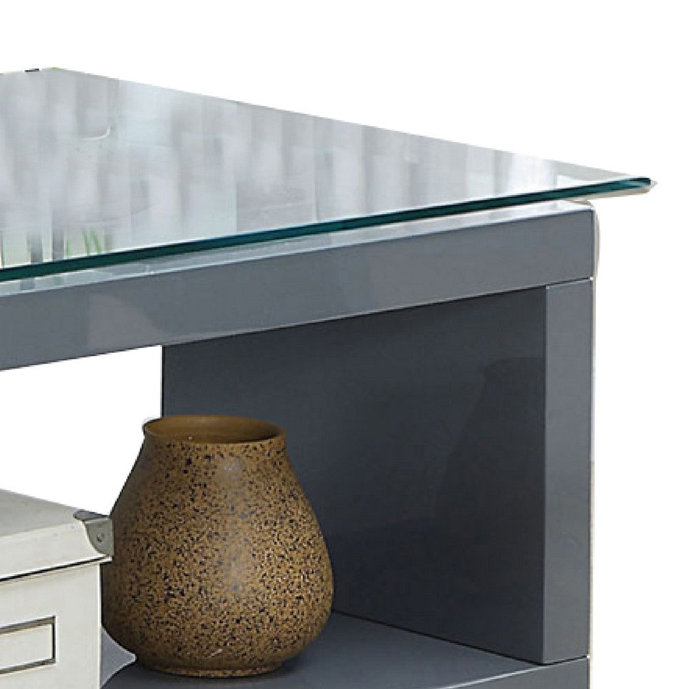 Movable Glass Top Computer Desk with X Shaped Side Panel, Gray and Clear - BM206213