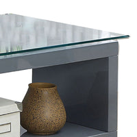Movable Glass Top Computer Desk with X Shaped Side Panel, Gray and Clear - BM206213