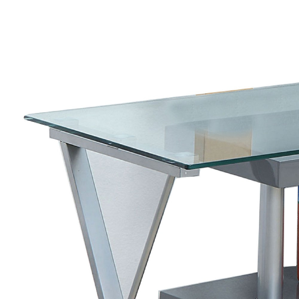 Movable Glass Top Computer Desk with X Shaped Side Panel, Gray and Clear - BM206213