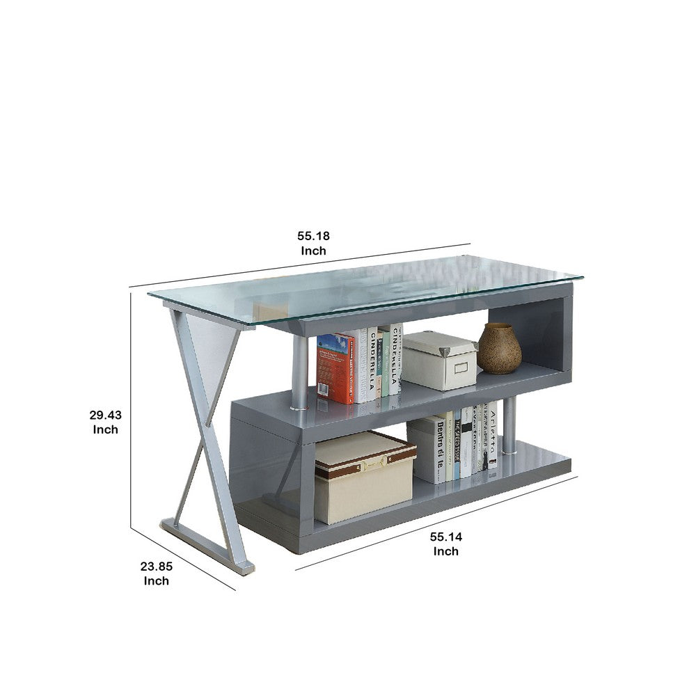 Movable Glass Top Computer Desk with X Shaped Side Panel, Gray and Clear - BM206213