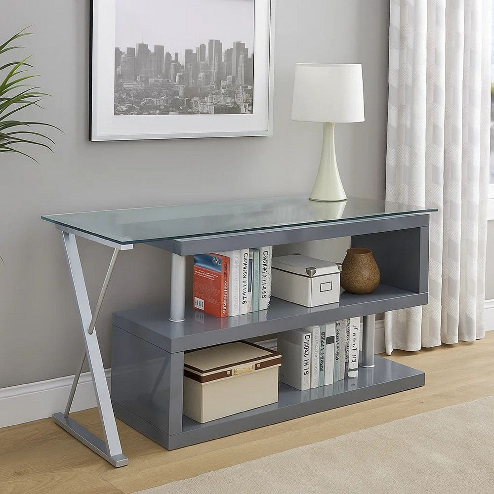 Movable Glass Top Computer Desk with X Shaped Side Panel, Gray and Clear - BM206213