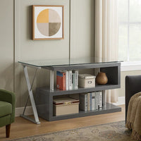 Movable Glass Top Computer Desk with X Shaped Side Panel, Gray and Clear - BM206213