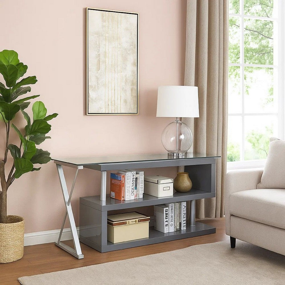 Movable Glass Top Computer Desk with X Shaped Side Panel, Gray and Clear - BM206213