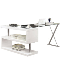 Movable Glass Top Desk with X Shaped Side Panel, White and Clear - BM206214