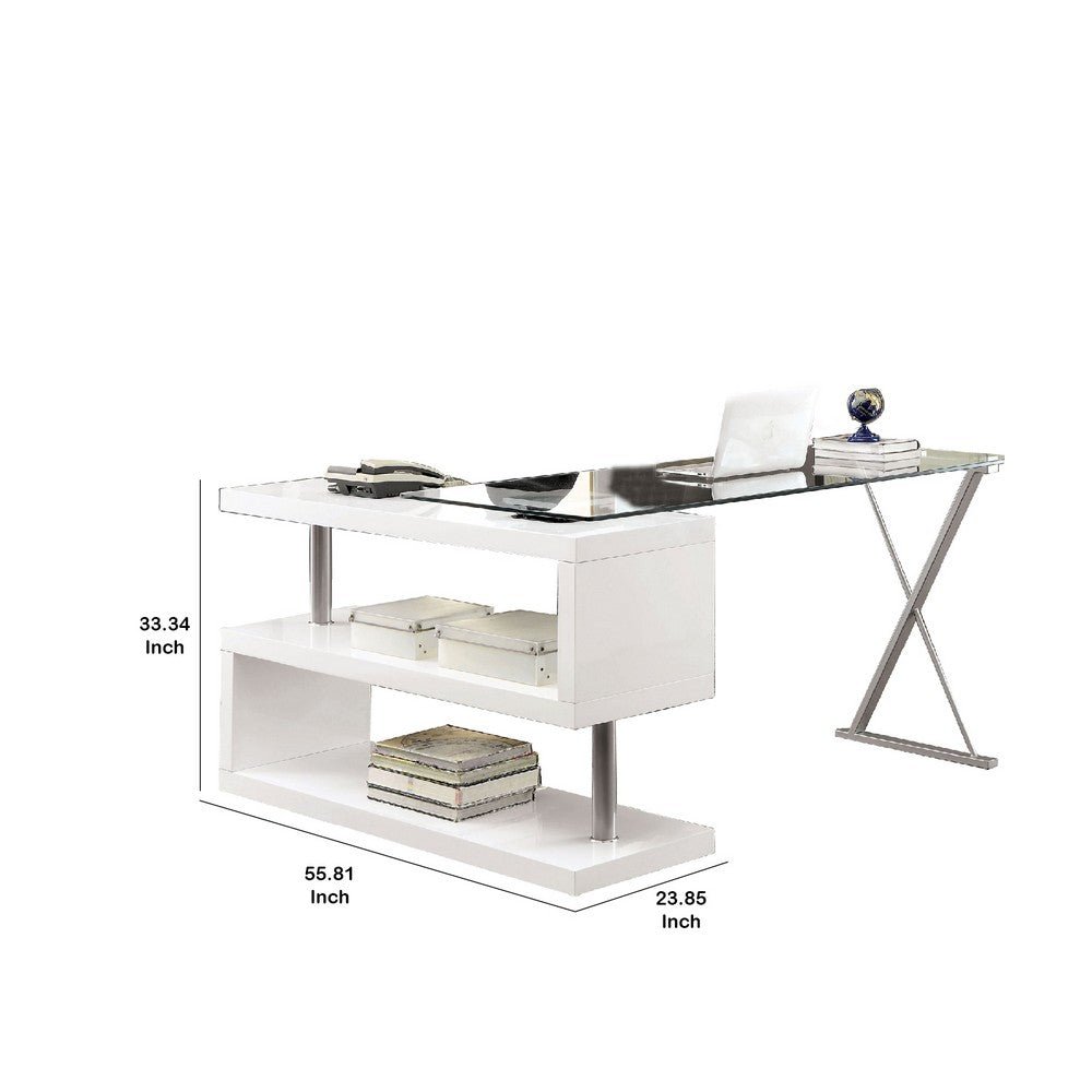 Movable Glass Top Desk with X Shaped Side Panel, White and Clear - BM206214