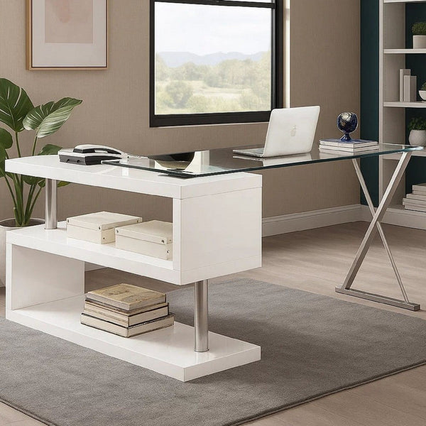 Movable Glass Top Desk with X Shaped Side Panel, White and Clear - BM206214