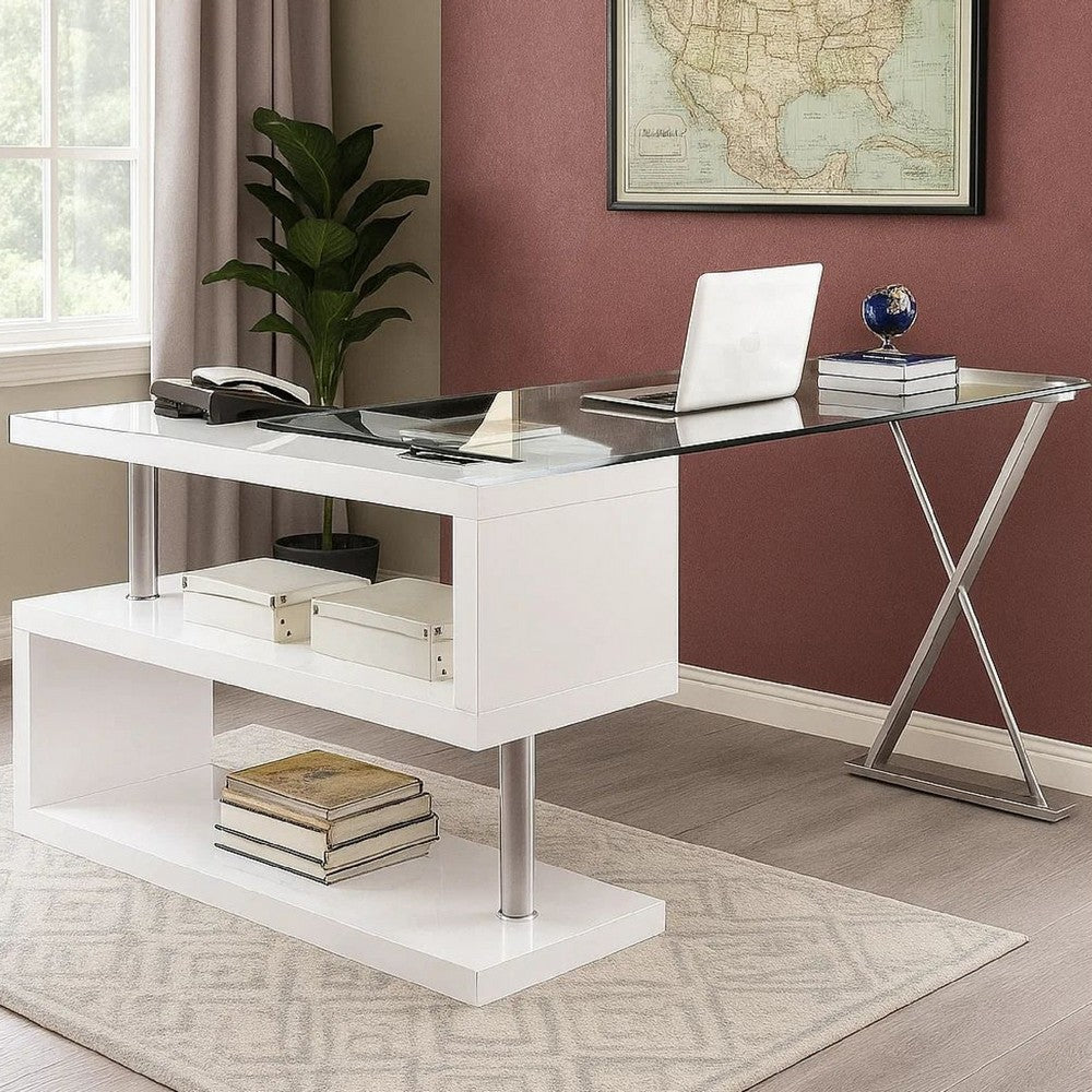 Movable Glass Top Desk with X Shaped Side Panel, White and Clear - BM206214