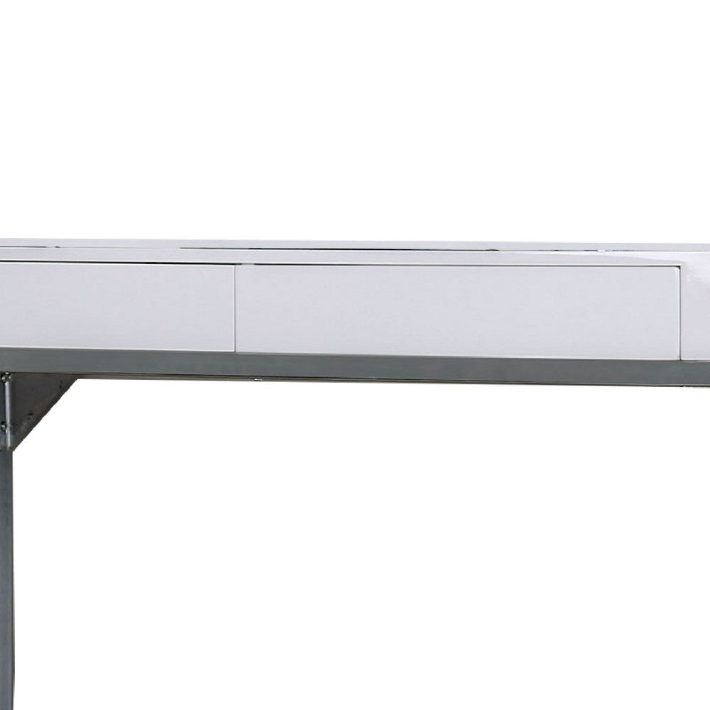 Wooden Computer Desk with 2 Drawers and Metal Frame, White and Silver - BM206236