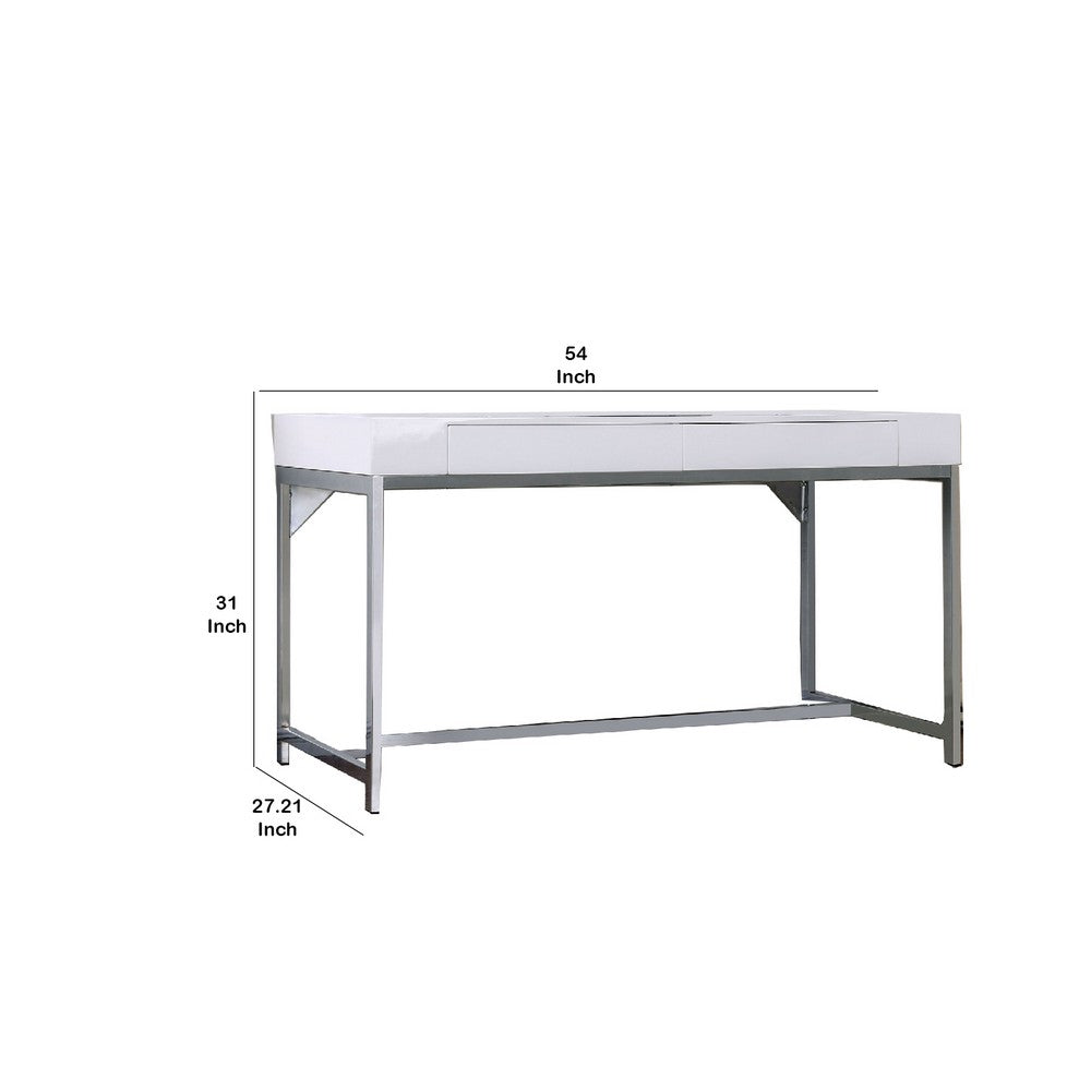 Wooden Computer Desk with 2 Drawers and Metal Frame, White and Silver - BM206236