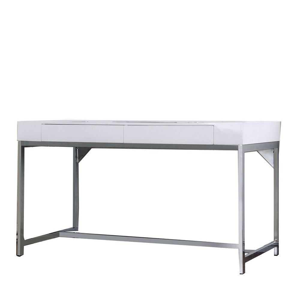 Wooden Computer Desk with 2 Drawers and Metal Frame, White and Silver - BM206236