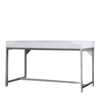 Wooden Computer Desk with 2 Drawers and Metal Frame, White and Silver - BM206236