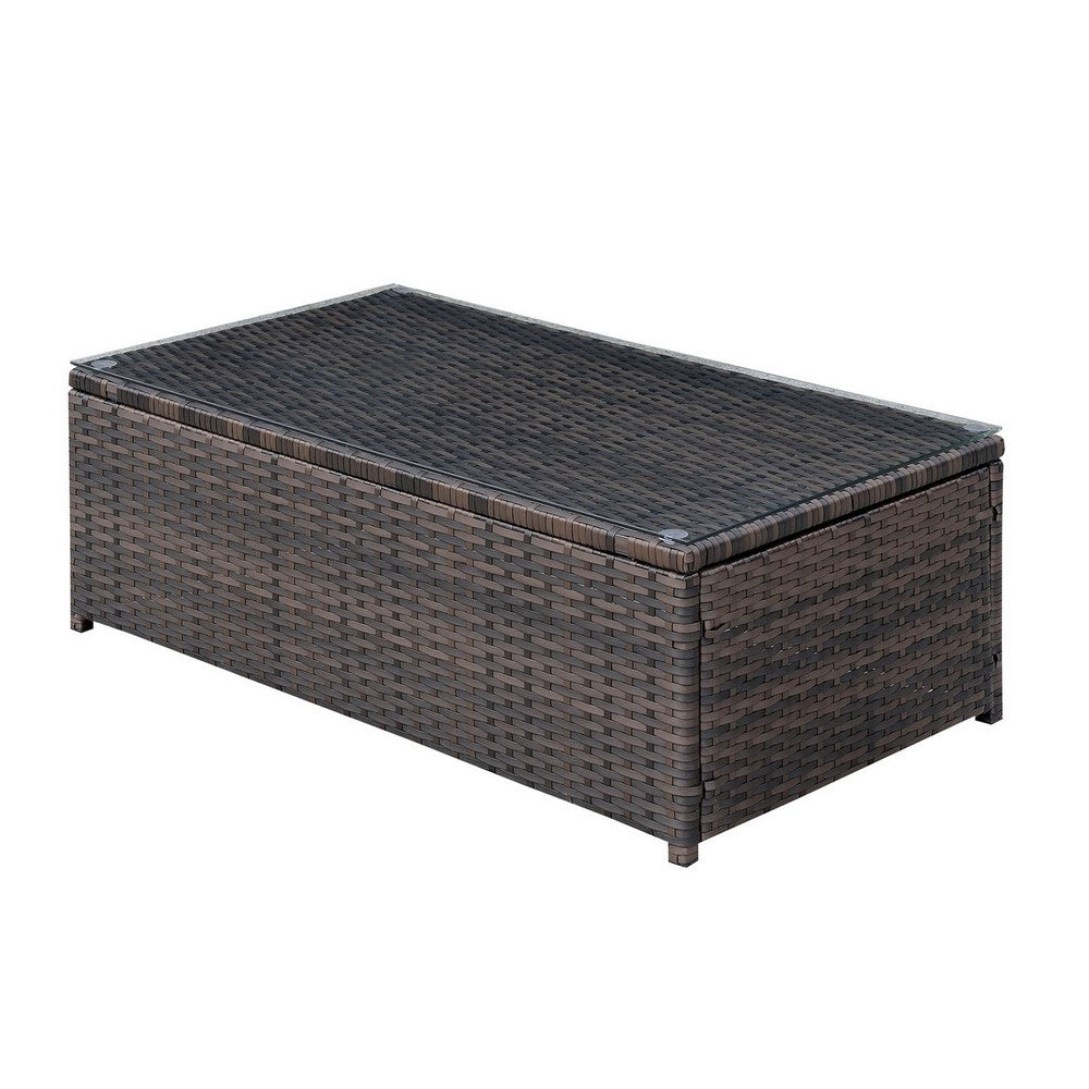 Rectangular Faux Rattan and Aluminum Coffee Table with Glass Top in Brown - BM206283