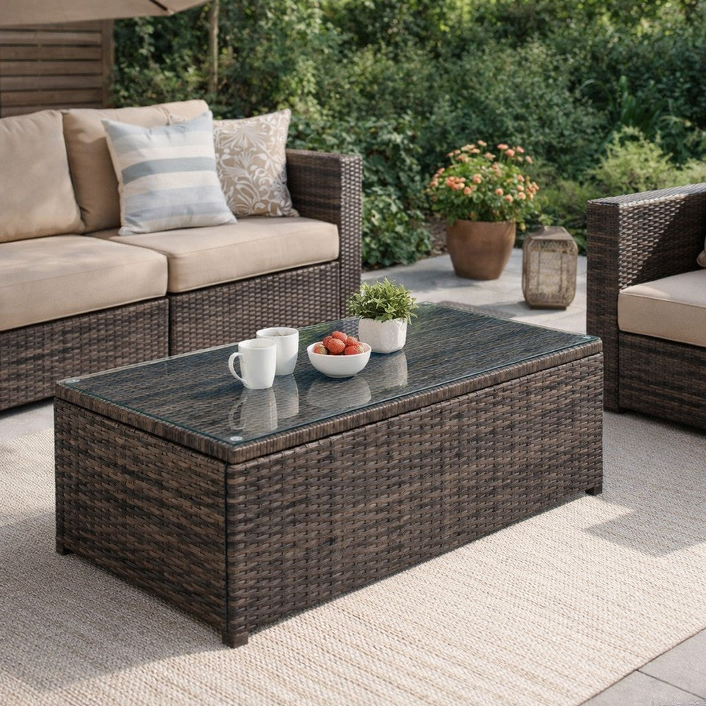 Rectangular Faux Rattan and Aluminum Coffee Table with Glass Top in Brown - BM206283