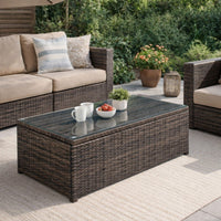 Rectangular Faux Rattan and Aluminum Coffee Table with Glass Top in Brown - BM206283