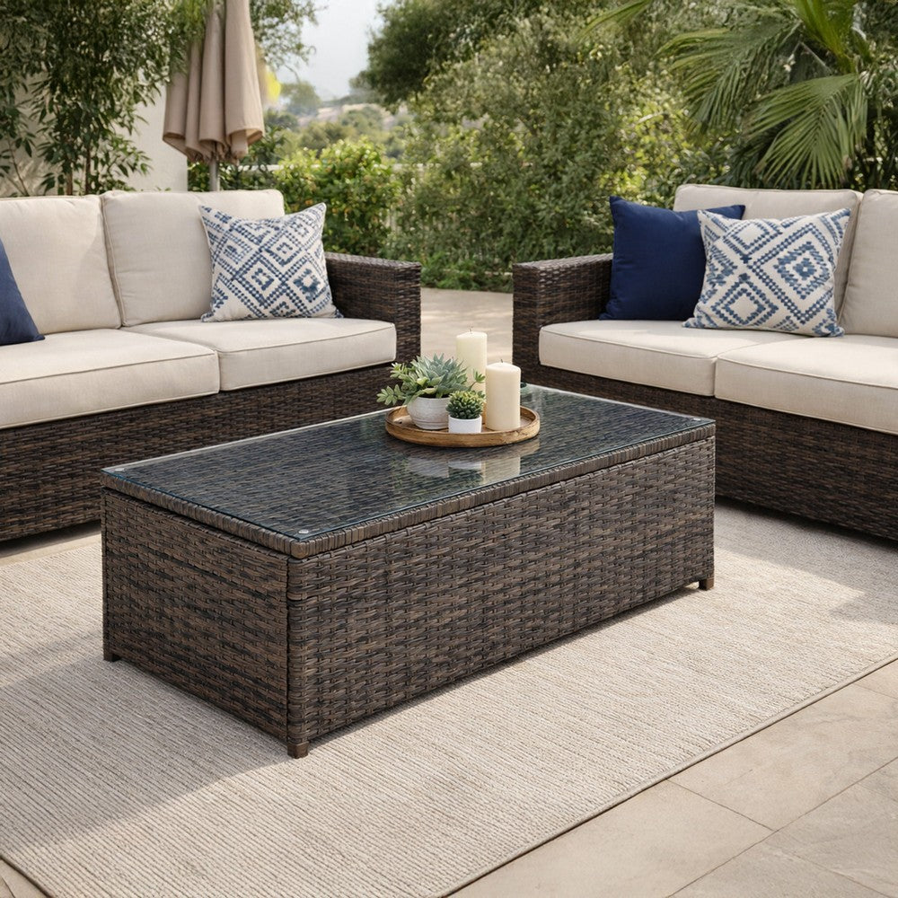 Rectangular Faux Rattan and Aluminum Coffee Table with Glass Top in Brown - BM206283