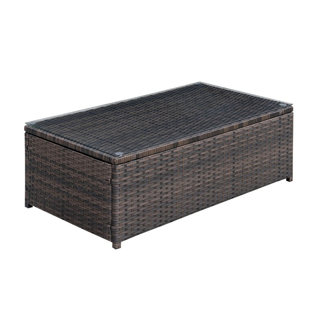Rectangular Faux Rattan and Aluminum Coffee Table with Glass Top in Brown - BM206283