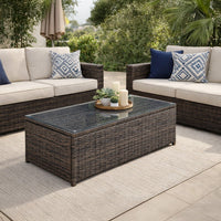 Rectangular Faux Rattan and Aluminum Coffee Table with Glass Top in Brown - BM206283