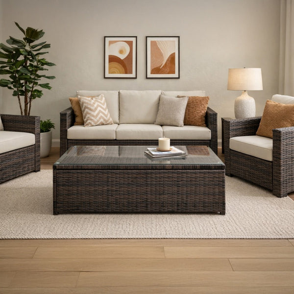 Rectangular Faux Rattan and Aluminum Coffee Table with Glass Top in Brown - BM206283