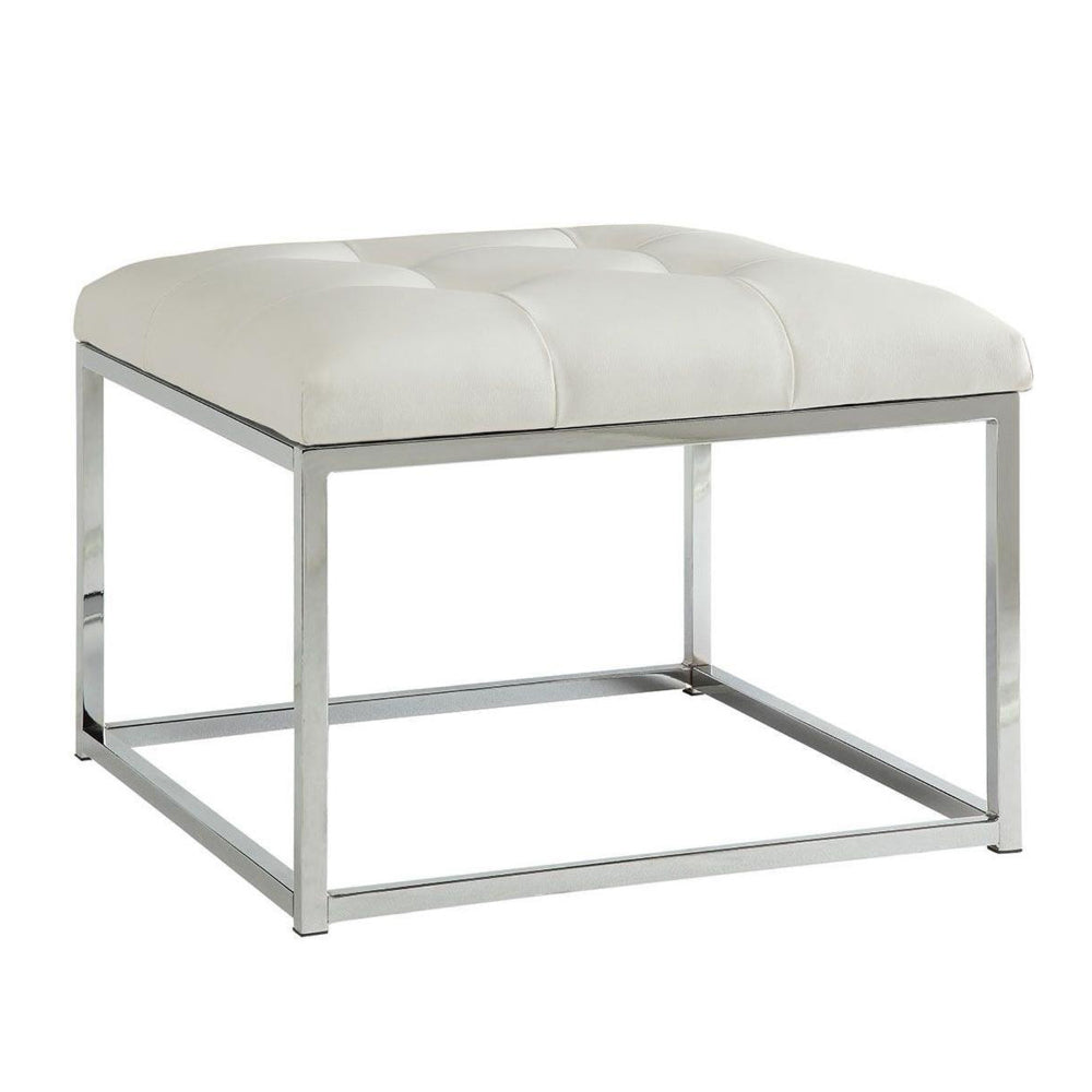 Leatherette Metal Frame Ottoman with Tufted Seating, White and Silver - BM206523