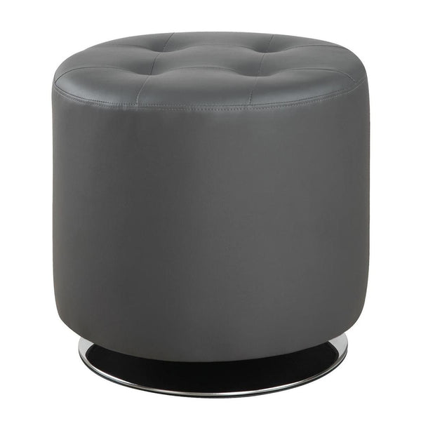Round Leatherette Swivel Ottoman with Tufted Seat, Gray and Black - BM206528