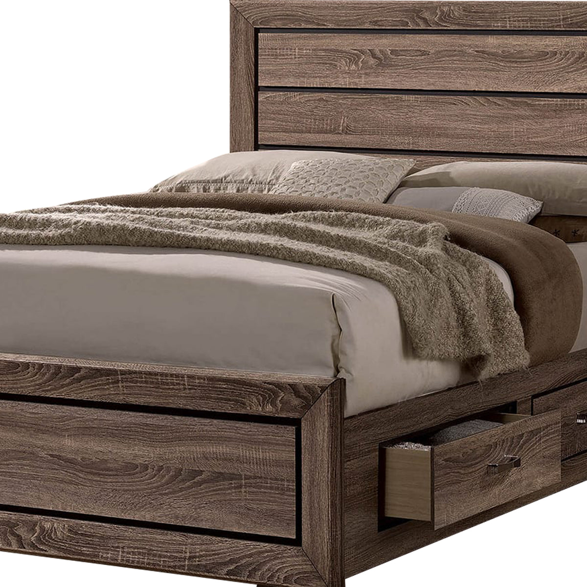 Wooden Eastern King Size Bed with Storage Drawers, Taupe Brown