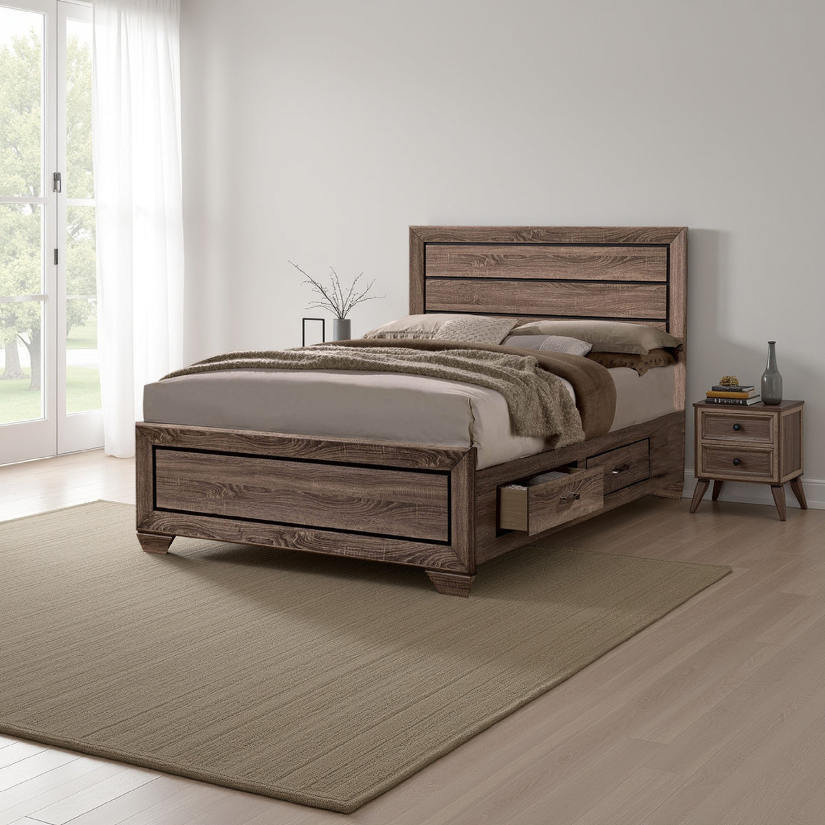 Wooden Eastern King Size Bed with Storage Drawers, Taupe Brown