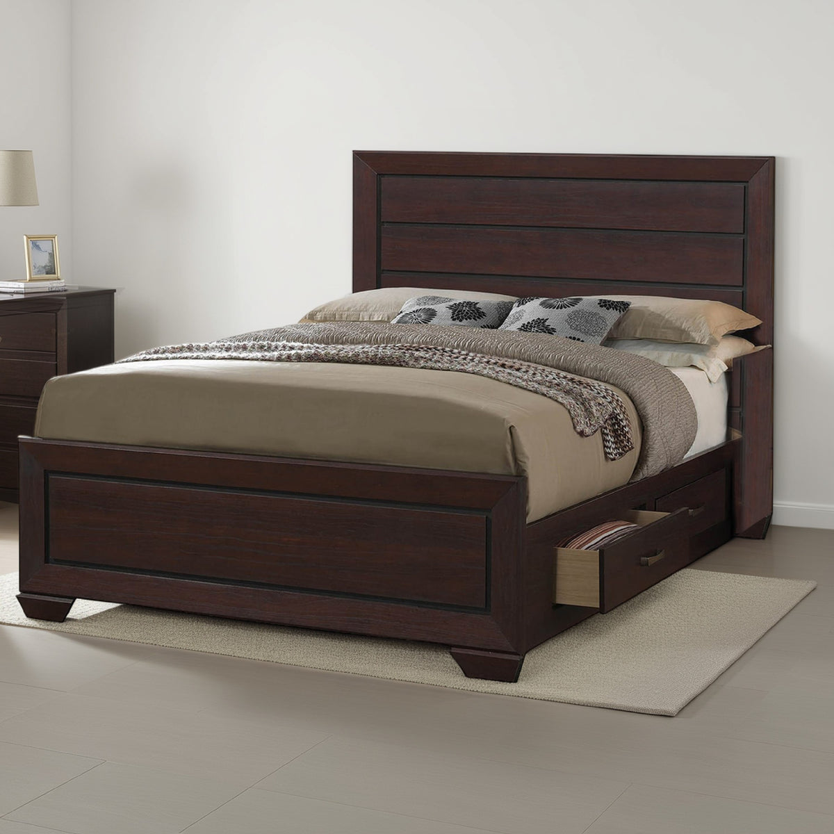 Wooden Eastern King Size Bed with Two Storage Drawers, Brown