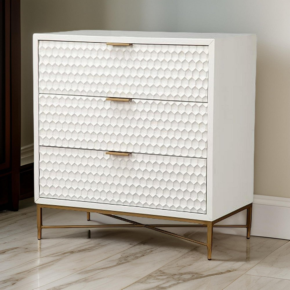 Honeycomb Design 3 Drawer Chest with Metal Legs, Small, White - BM206687