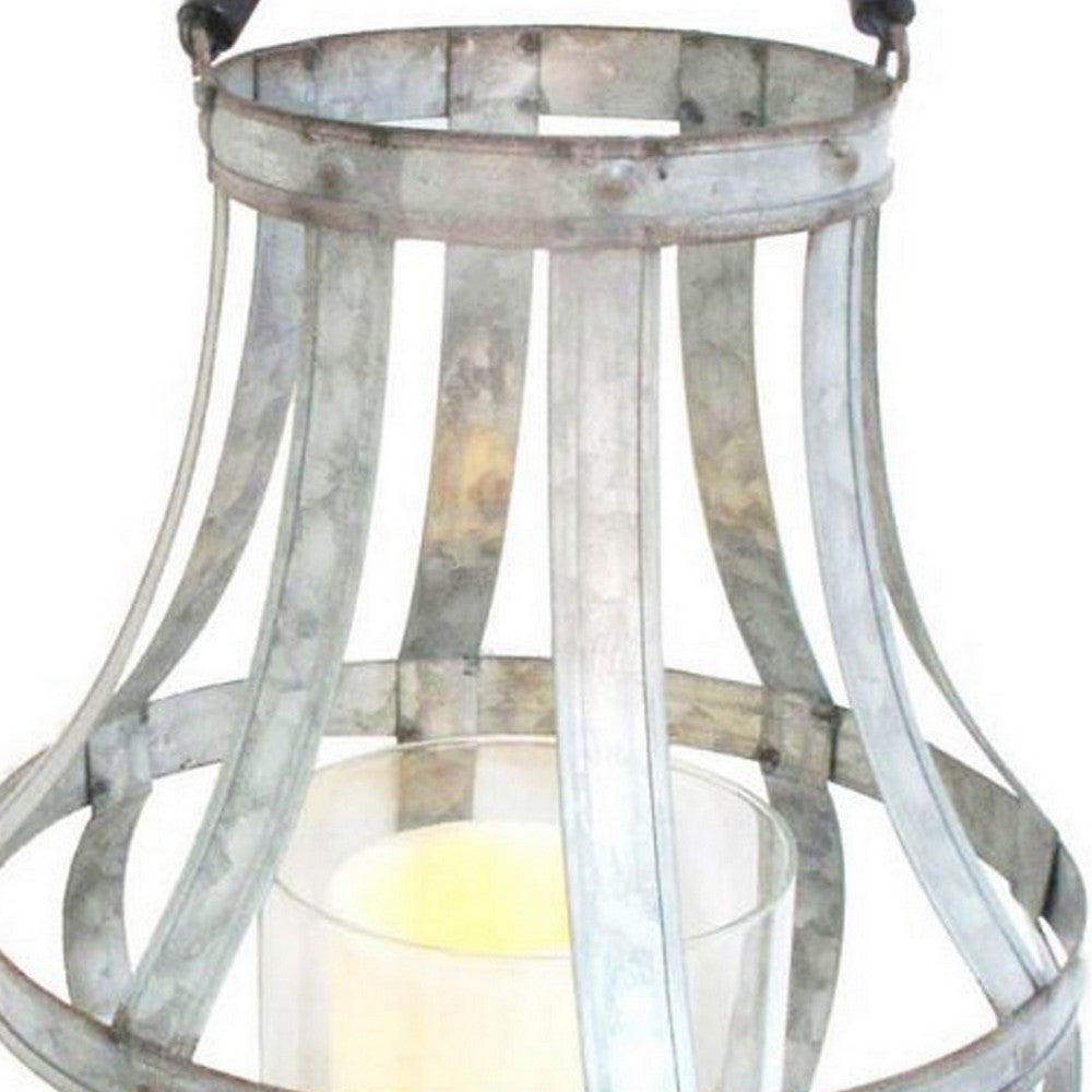 Cage Design Metal Bellied Candle Holder with Rope handle, Silver - BM206709