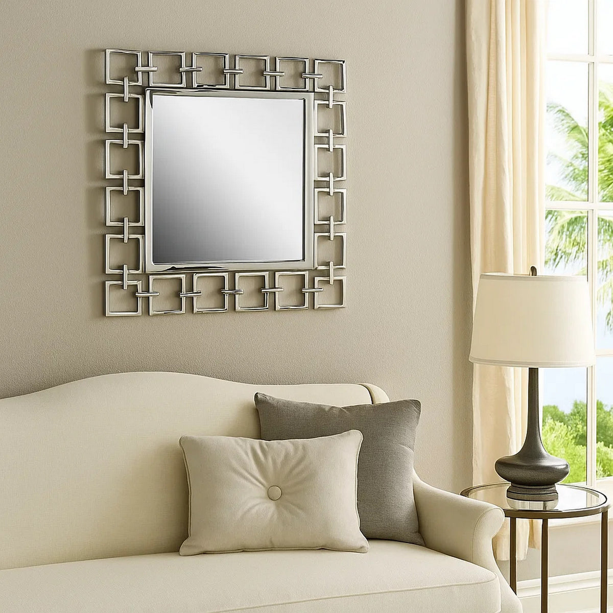 Modern Style Metal Openwork Square Framed Mirror, Silver - BM206715