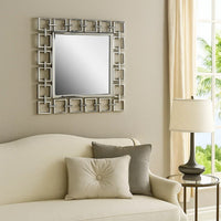 Modern Style Metal Openwork Square Framed Mirror, Silver - BM206715