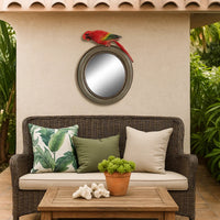 Round Wooden Framed Mirror with Parrot Sculpture Top, Multicolor - BM206716