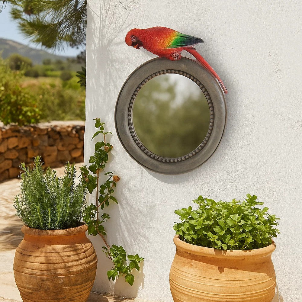 Round Wooden Framed Mirror with Parrot Sculpture Top, Multicolor - BM206716