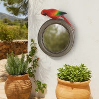 Round Wooden Framed Mirror with Parrot Sculpture Top, Multicolor - BM206716