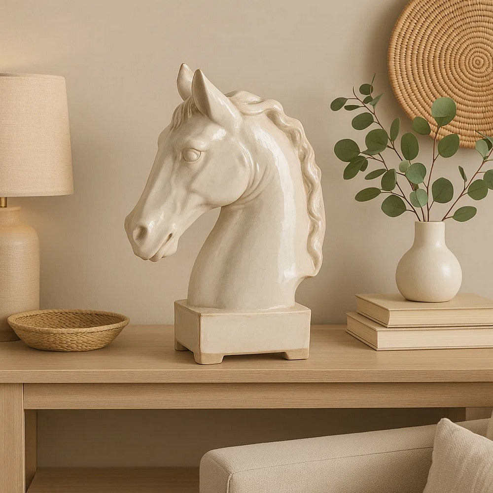 Transitional Style Ceramic Horse Head Decor Piece, Large, Beige - BM206726