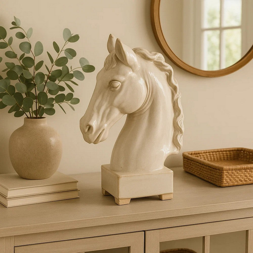 Transitional Style Ceramic Horse Head Decor Piece, Large, Beige - BM206726