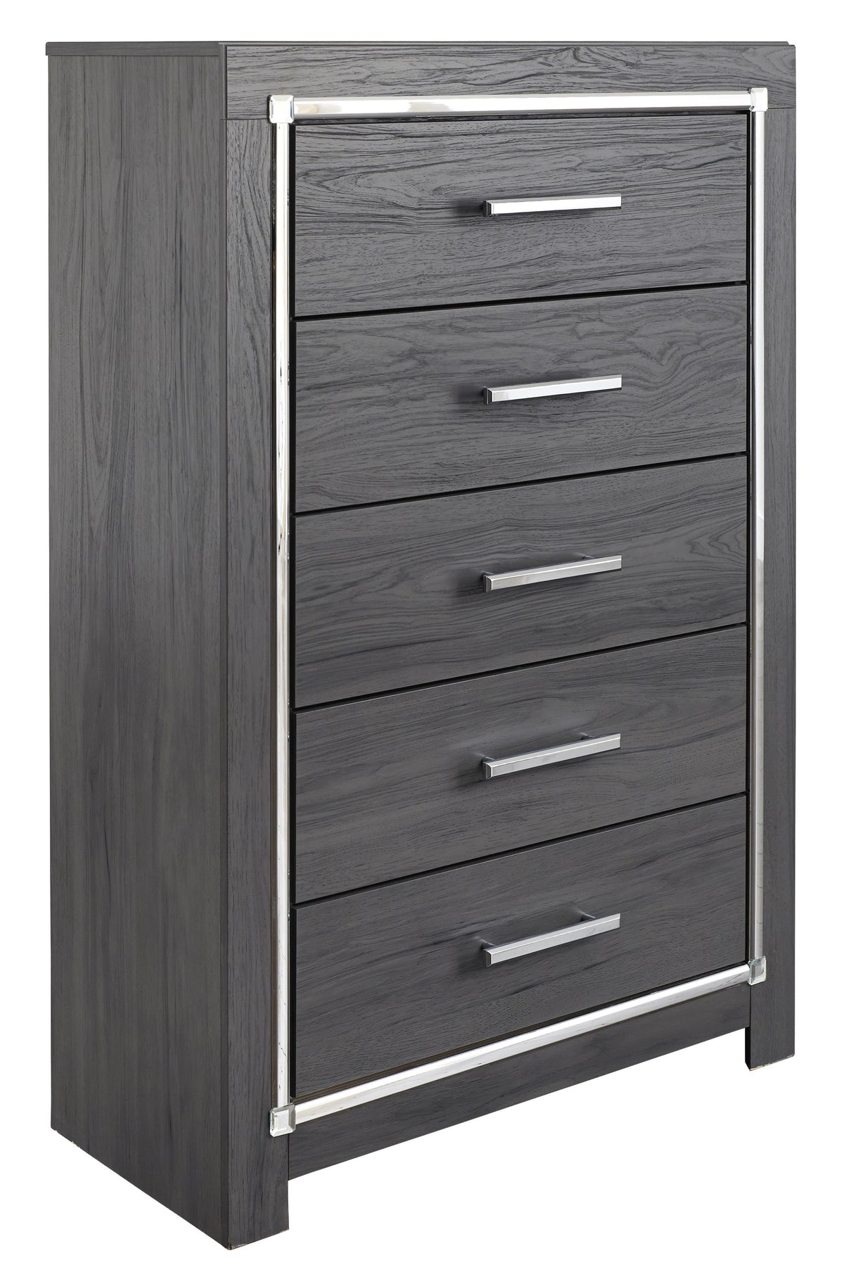 5 Drawer Wooden Chest with Metal Bar Handles, Gray  - BM207030
