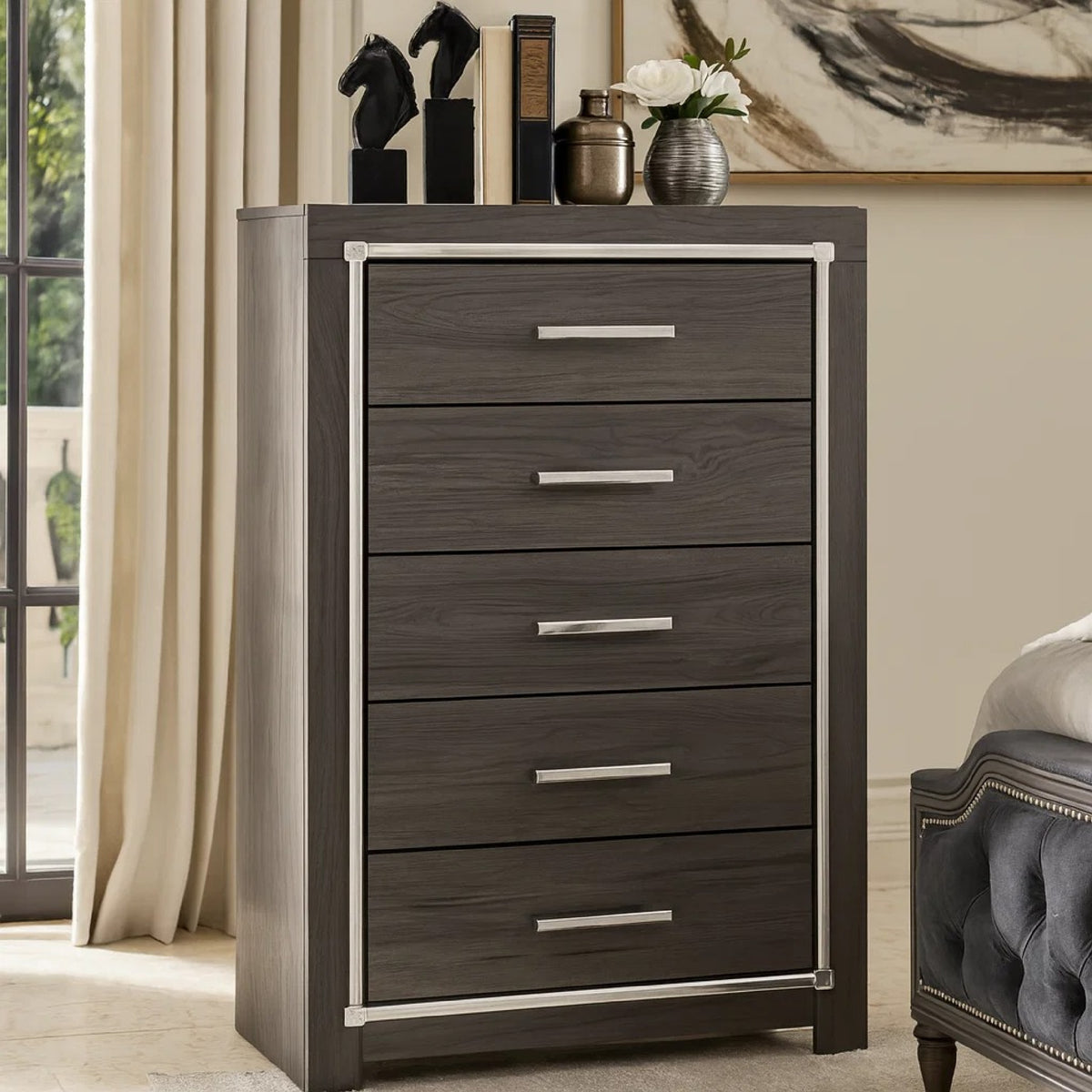 5 Drawer Wooden Chest with Metal Bar Handles, Gray  - BM207030