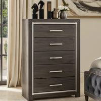5 Drawer Wooden Chest with Metal Bar Handles, Gray  - BM207030