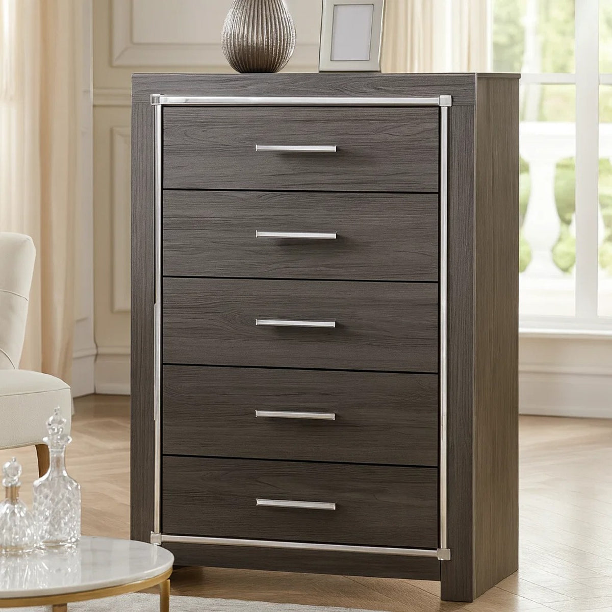 5 Drawer Wooden Chest with Metal Bar Handles, Gray  - BM207030