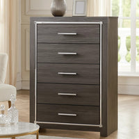 5 Drawer Wooden Chest with Metal Bar Handles, Gray  - BM207030