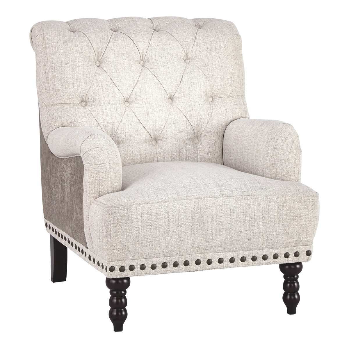Wooden Accent Chair with Fabric and Faux Leather Upholstery,Gray and Cream  - BM207164