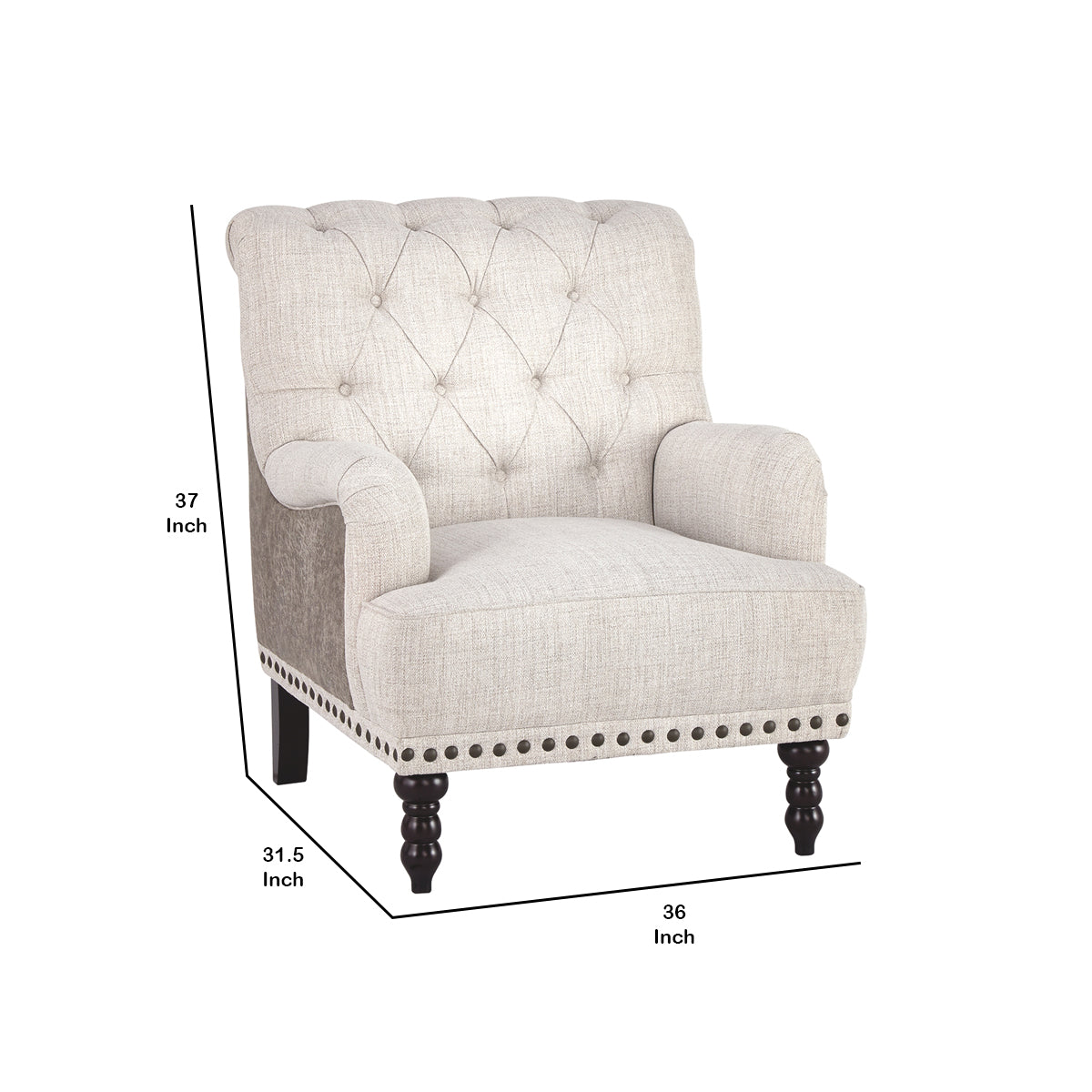 Wooden Accent Chair with Fabric and Faux Leather Upholstery,Gray and Cream  - BM207164