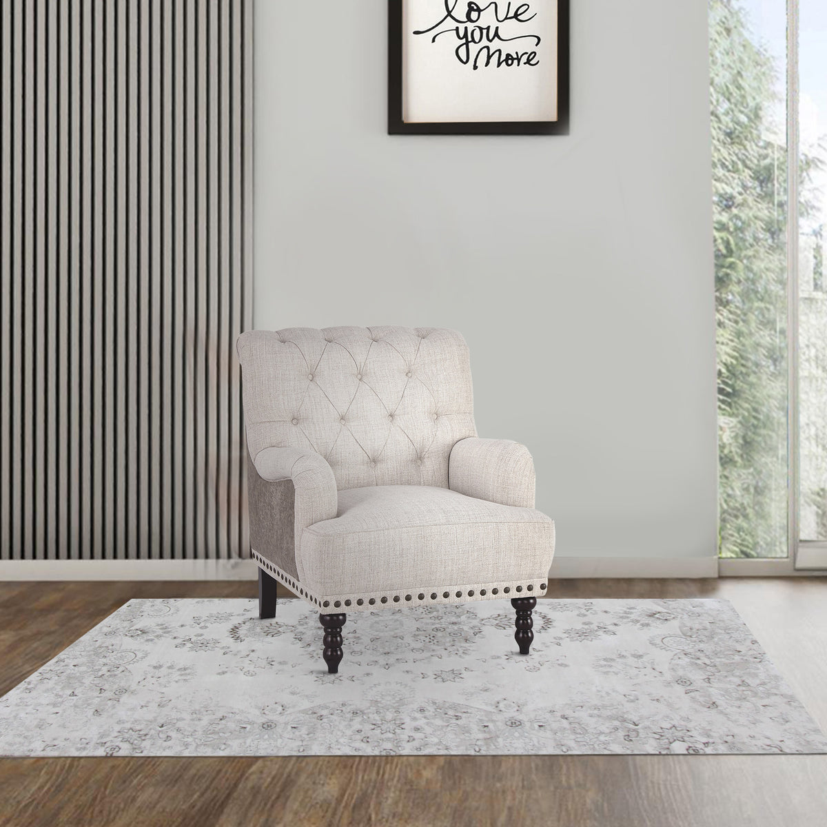 Wooden Accent Chair with Fabric and Faux Leather Upholstery,Gray and Cream  - BM207164