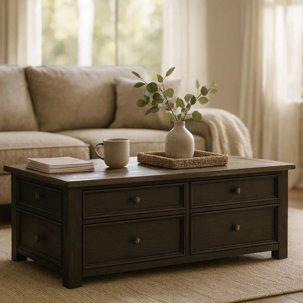 Wooden Lift Top Coffee Table with Drawers and Caster, Black and Brown - BM207232